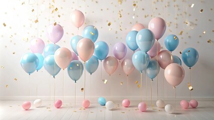 Poster - A festive arrangement of pastel-colored balloons, floating gracefully against a backdrop of sparkling confetti, creating a joyous and celebratory atmosphere in a room with a light wooden floor.