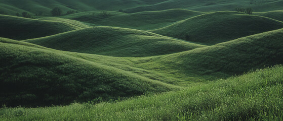 Poster - Serene green hills with rolling landscapes and diverse vegetation in a tranquil setting