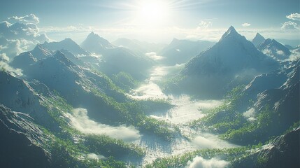Poster - Panoramic view of the Mountains with sunlight shining. Deep in the mountains.