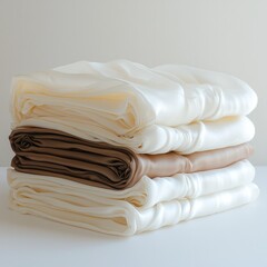 Poster - Stack of ironed neatly folded silk linen against white background.