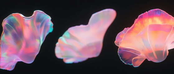 Poster - Floating holographic projections displaying vibrant textures in a dark setting