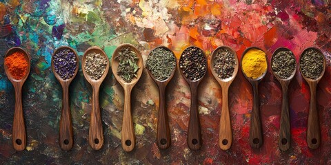 Wall Mural - Colorful spices in wooden spoons on a vibrant painted background. (1)