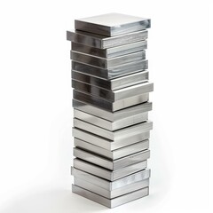 Poster - Shiny metal plates stacked high, creating a vertical structure against a clean white backdrop