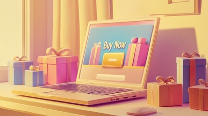 Poster - 3D isometric illustration of a laptop screen showing an online store with a 
