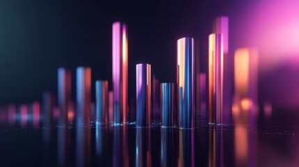 Poster - A sleek, futuristic D bar graph with metallic bars rising from a reflective surface, set against a dark gradient background, highlighting business growth.