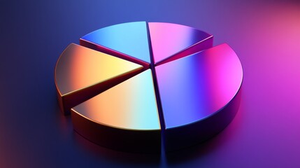 Poster - a sleek metallic d pie chart with separated slices, each segment reflecting light differently, set a