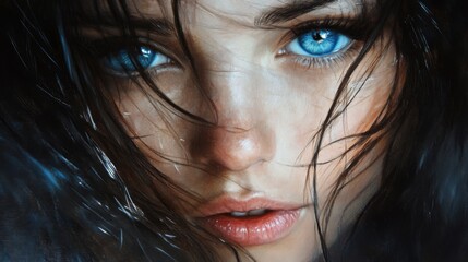 Wall Mural - A soft-focus portrait featuring the vivid contrast of a womans grey-blue eyes and dark hair, with delicate light reflections adding depth and charm to her gaze.