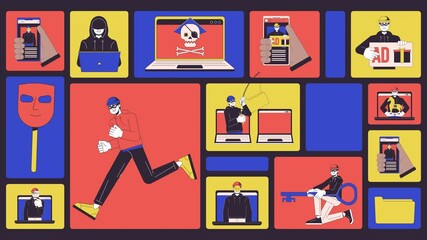 Poster - Cyber frauds animated bento grid layout. Robber scammers with mobile phones, laptops. Computer hackers crimes 2D animation flat cartoon ui collage design. 4K video motion graphic collection