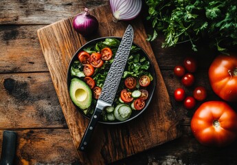 Sticker - Overhead view of fresh salad ingredients on rustic wooden table with knife.