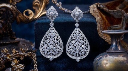 Poster - A striking photo of a pair of vintage-inspired diamond earrings with intricate designs, surrounded by antique jewelry pieces to evoke a sense of history