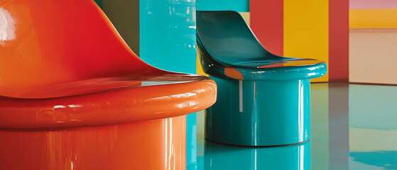 Poster - Boldly colored laminated plastic seating in a vibrant interior setting