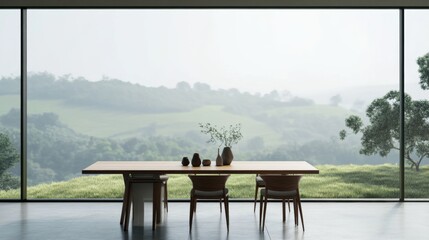 Poster - A stylish minimalist dining area featuring a wooden table, minimalist chairs, and a simple centerpiece, with large windows offering a view of a green landscape