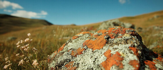 Poster - Lichen-covered rocks exhibit vibrant colors and intricate textures in a natural landscape