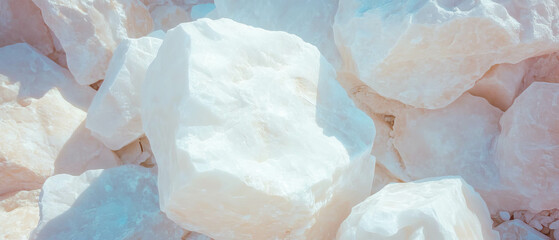 Poster - Limestone rocks with smooth texture in pale gray and white hues at a quarry site