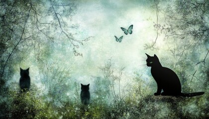 Wall Mural - Three Black Cats In A Mystical Forest Setting