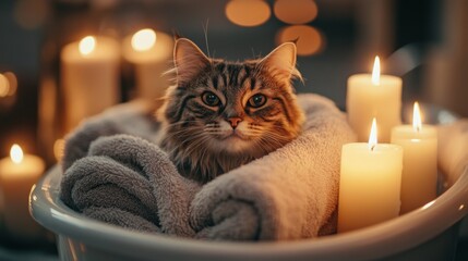 Poster - A tranquil image of a cat sitting in a small tub with warm water, surrounded by candles and soft towels, creating a relaxing spa-like atmosphere for the pet.
