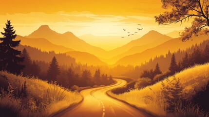 Poster - A tranquil sunset view of a winding road through the mountains, bathed in warm golden light, with silhouettes of trees and hills creating a peaceful atmosphere.