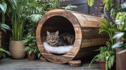 Poster - A unique cat hideaway made from natural wood, placed on a rustic patio surrounded by plants, offering a cozy retreat for feline friends