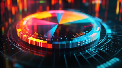 Aufkleber - A vibrant D pie chart with glass-like translucent sections, illuminated from below, each segment labeled with financial data in a futuristic setting.