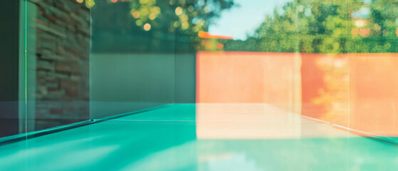 Poster - Matte glass table reflecting nature's soft hues in bright daylight