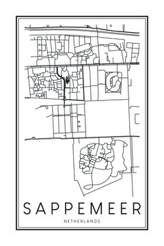 Printable downtown road map poster of the Dutch city of SAPPEMEER on solid white background with city name