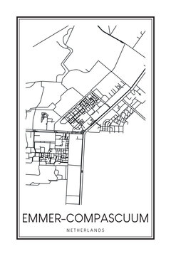 Printable downtown road map poster of the Dutch city of EMMER-COMPASCUUM on solid white background with city name