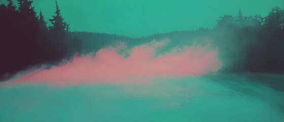 Poster - Vibrant morning mist enveloping a tranquil landscape at dawn