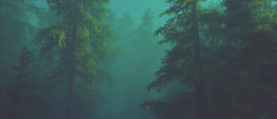 Aufkleber - Morning mist enveloping a tranquil forest with soft fog and fresh air