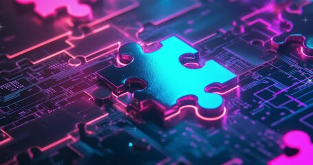 Poster - Digital technology, business, and data connection concept. Glowing puzzle pieces and circuit board. Futuristic circuit board. Futuristic technology. Symbolizing technology connectivity. Abstract tech