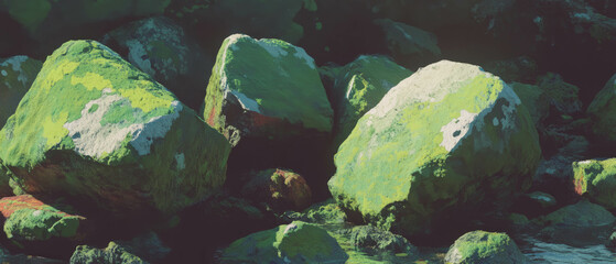 Aufkleber - Vibrant moss-covered rocks create a lush green landscape under dim light