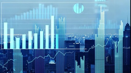 Poster - Abstract Visualization of City Skyline with Neon Graphs and Digital Elements