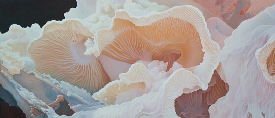 Poster - Examining the intricate texture of mushroom gills in earthy tones and delicate structures