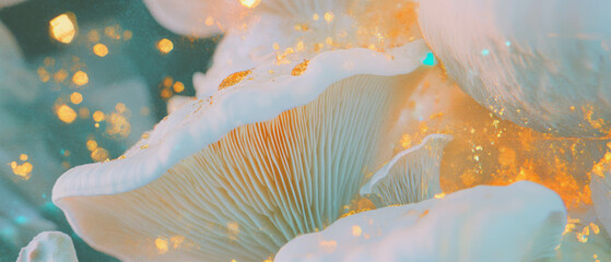 Poster - Captivating texture of mushroom gills with organic patterns and sparkling gold accents