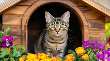 Poster - A wooden cat house with an open door, inviting a curious cat to peek out, surrounded by a lush garden full of vibrant flowers