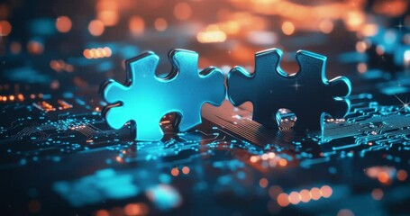Poster - Digital technology, business, and data connection concept. Glowing puzzle pieces and circuit board. Futuristic circuit board. Futuristic technology. Symbolizing technology connectivity. Abstract tech