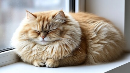 Poster - Close-up of a fat cat peacefully sleeping on a windowsill, with its fur catching the soft morning light and tiny whiskers twitching