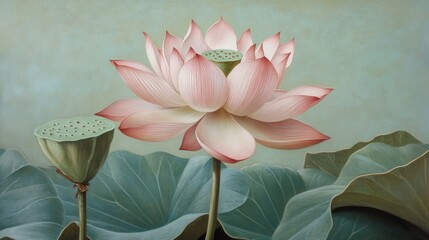 Poster - Close-up of a single pink lotus flower standing above the water, with its delicate petals in contrast to broad, green lotus leaves