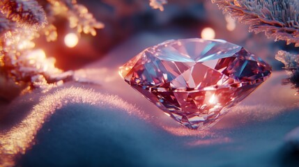 Poster - Close-up view of a sparkling diamond on a soft velvet surface, showcasing its brilliant cut and shimmering facets under soft lighting