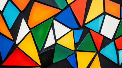 Poster - Collection of abstract triangle shapes in bold colors, forming a vibrant, layered pattern with depth and sharp angles on a black background
