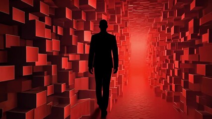 Poster - Mysterious Figure in a Red Abstract Corridor of Blocks Illuminated by Light