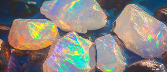 Poster - Opal stones displaying vibrant iridescent shimmer and unique textures in natural settings