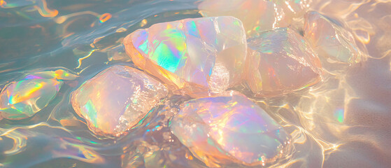 Poster - Discovering the shimmering beauty of opal stones in tranquil water
