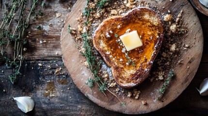 Poster - Crispy golden toast topped with melted butter, placed on a rustic wooden plate, with crumbs and herbs scattered around for a cozy breakfast vibe