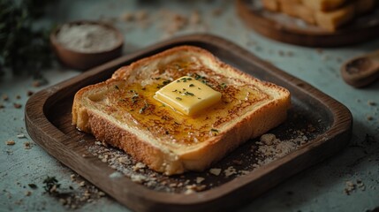 Poster - Crispy golden toast topped with melted butter, placed on a rustic wooden plate, with crumbs and herbs scattered around for a cozy breakfast vibe