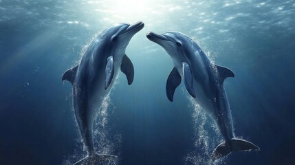 Poster - Dolphins interacting and splashing near the waters surface, showing their playful and social nature in the deep blue sea