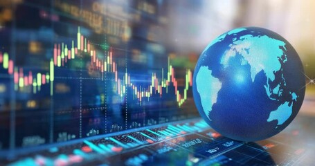 Poster - Global business graph chart background. Digital world globe with a stock market Symbolizing global business. Digital financial technology. Financial Success. Abstract technology background. High tech