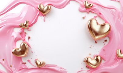 Wall Mural - Background with 3d paint splashes in pink color and golden hearts. Valentine's day holiday concept background with copyspace for your text