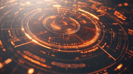 Fototapete - Futuristic radar-style circular graphic with bright neon lines and rotating elements on a dark tech-inspired background