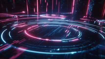 Poster - Futuristic radar-style circular graphic with bright neon lines and rotating elements on a dark tech-inspired background