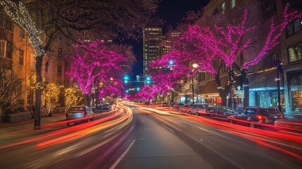 Fototapete - Light streaks from cars passing on a city street at night, with a long exposure effect capturing vibrant colors and movement